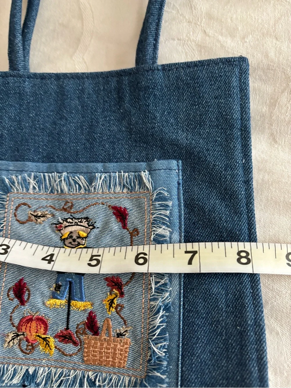 Longaberger Blue Denim Tote with Embroidered Autumn Patch